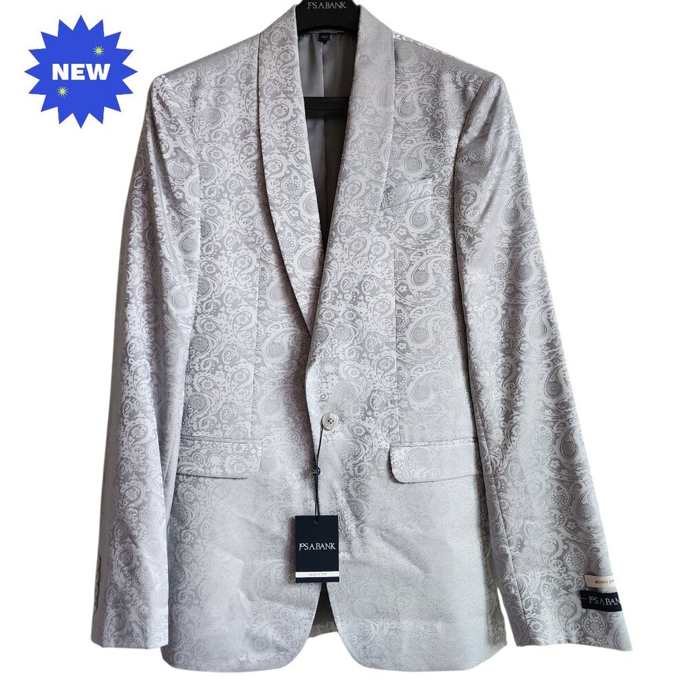 36L Dinner Jacket Silver Gray Shawl Lapel Skinny Fit Long New Jos A Bank Paisley
